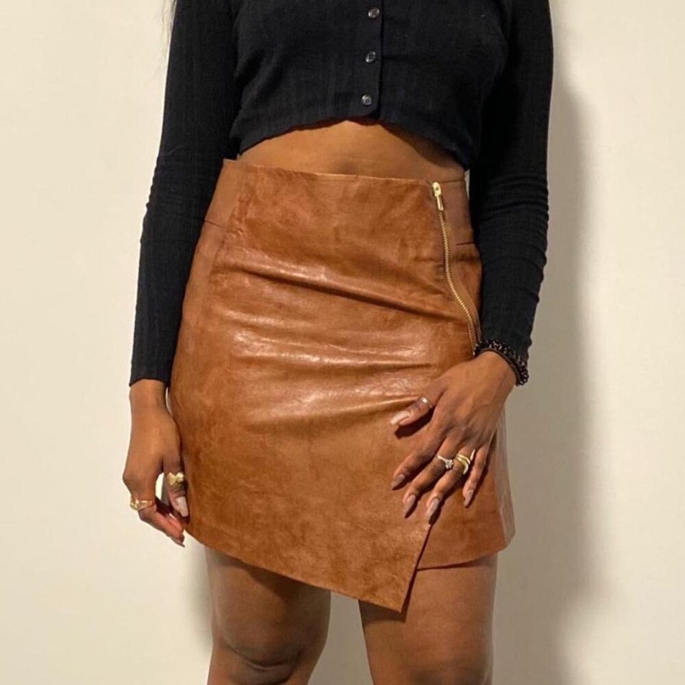 H&m Tan And Brown Faux Mini Skirt Size 8